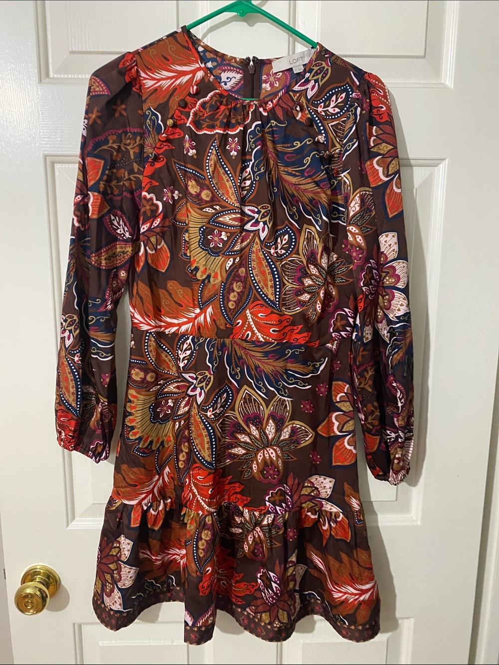 LOFT Brown Floral Paisley Long Sleeve Ruffle Dress